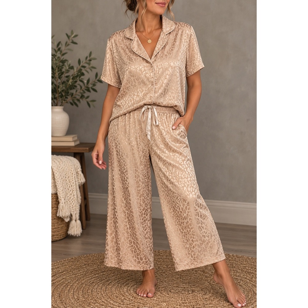 S 111 BCBGMAXAZRIA Mauve Chalk Leopard Jacquard Satin Pajama Lounge Set Y2K
